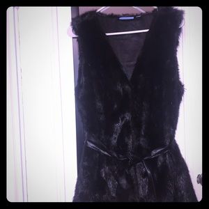 Faux fur vest with leather tie and hook & closure